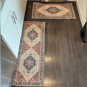 Geometric Pattern Runner Rug in Blue and Cream